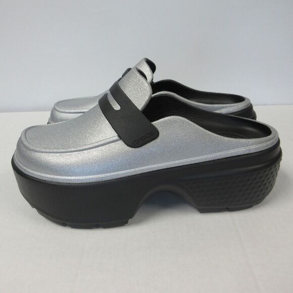 CROCS Stomp Metallic Penny Loafer Mens Sz 6 Black Silver Platform Clog Shoes NEW - Picture 3 of 11